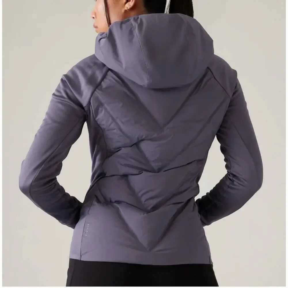 Athleta Inlet Down Puffer Jacket XL Nightfall Purple Zip Insulated Hood Puffy
